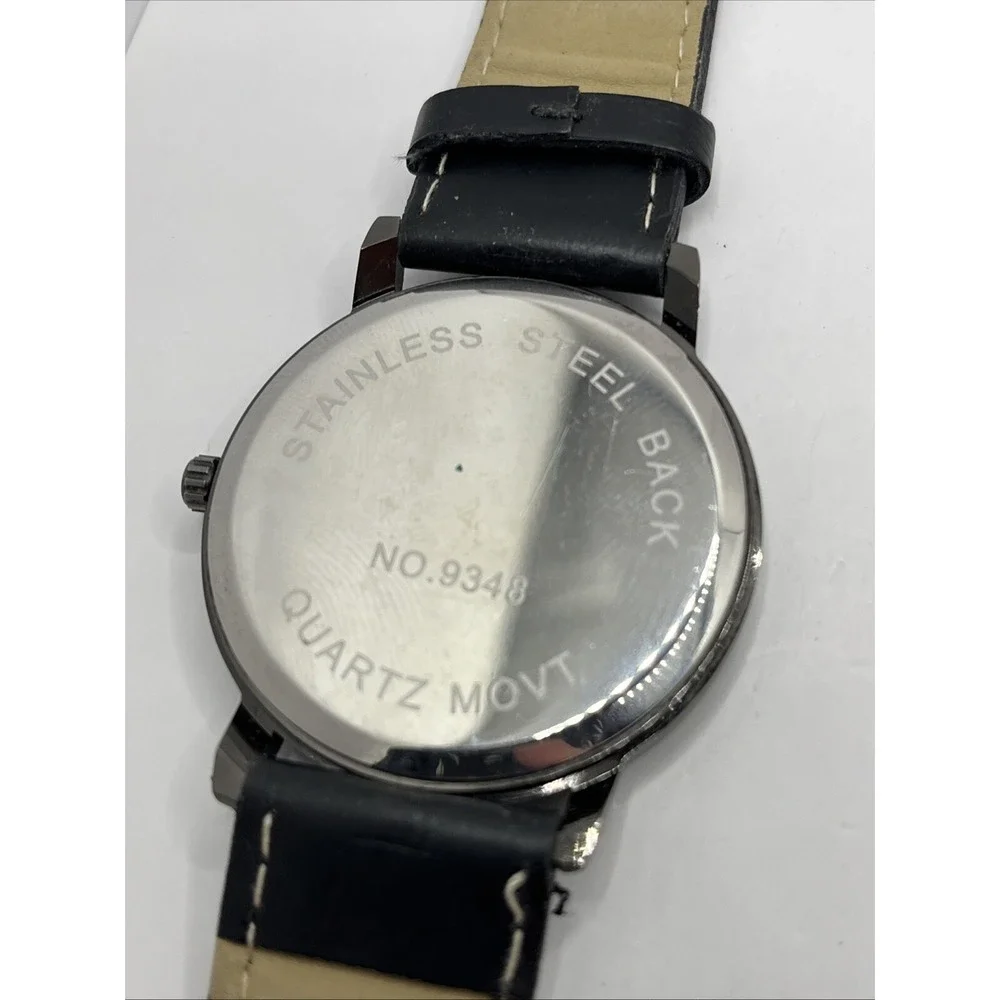Men's Quartz Watch Black Faux Leather Band Silver‎ 42mm Case- New Battery